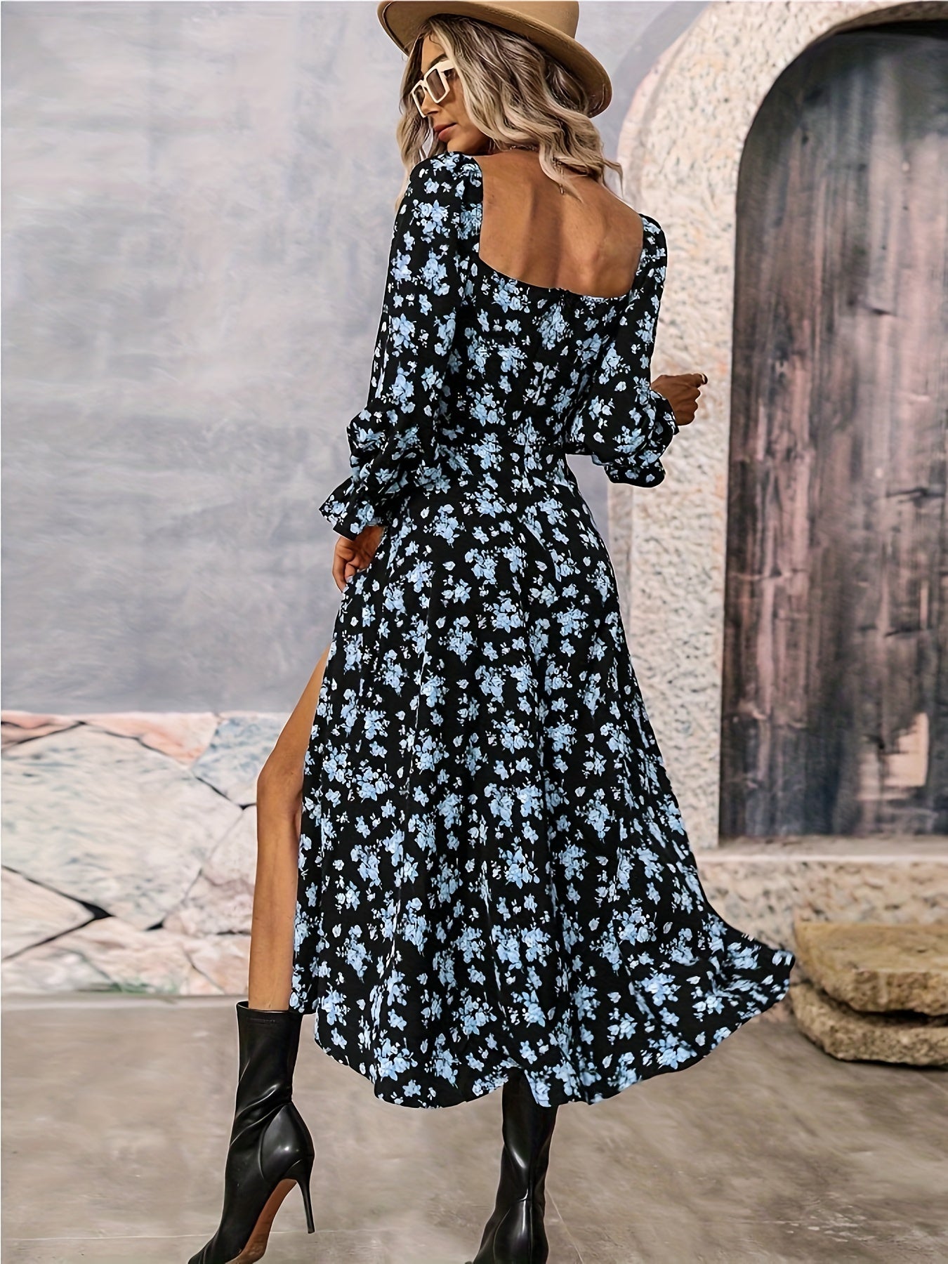 Floral Print Ruffle Hem Dress, Elegant Square Neck Long Sleeve Split Dress For Spring & Fall, Women's Clothing
